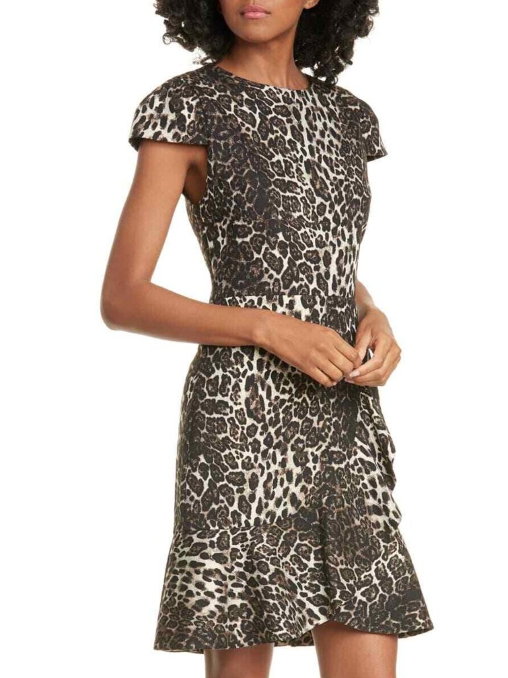 Alice + Olivia Leopard Print Cap Sleeve Flounce Hem Dress
